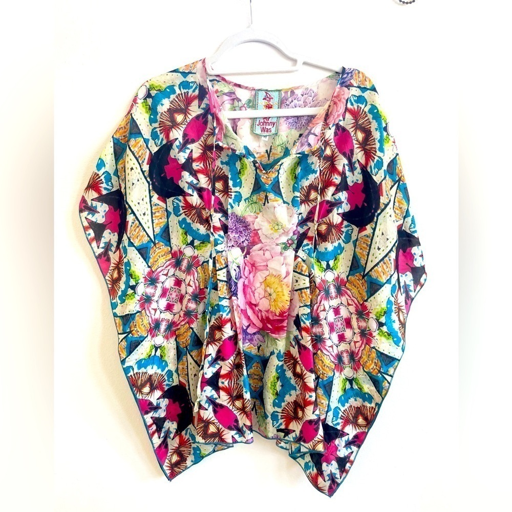 Johnny Was Blue Pink multicolor floral silk Short sleeve poncho blouse S